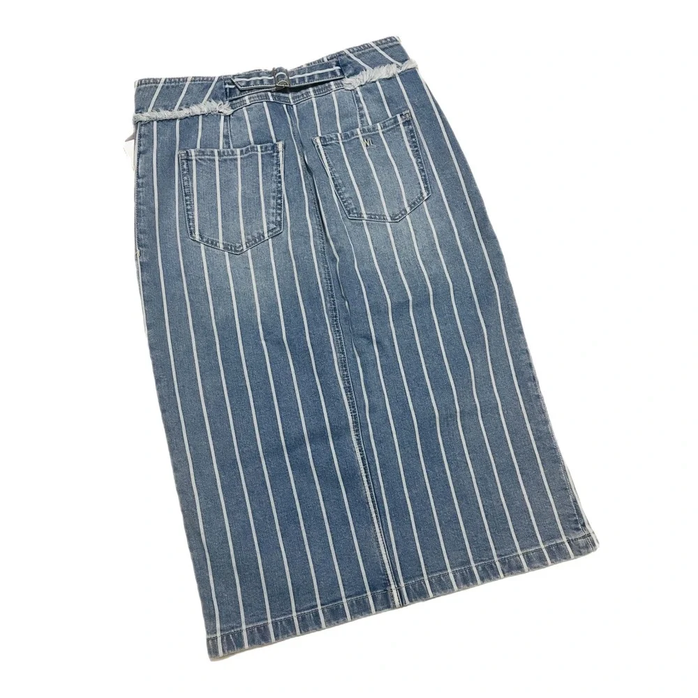 NWT Wash Lab Sally‎ Classic Stripes Midi Skirt Women's 27 Striped Denim